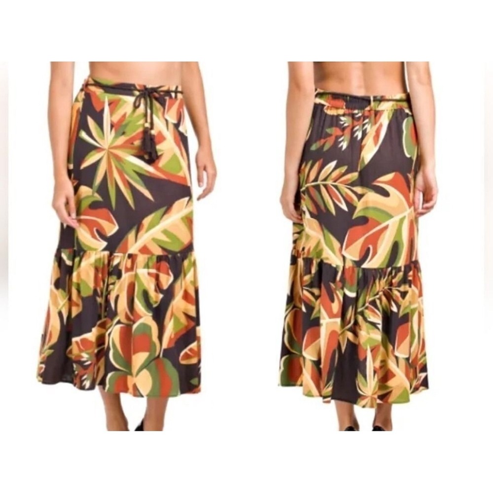HOUSE OF HARLOW Linen Blend Tiered Maxi Skirt Brown Tropical Leaf Bohemian Large